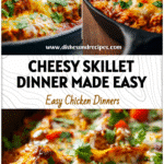 Cheesy chicken enchilada skillet topped with melted cheese and fresh cilantro in a cast iron pan.